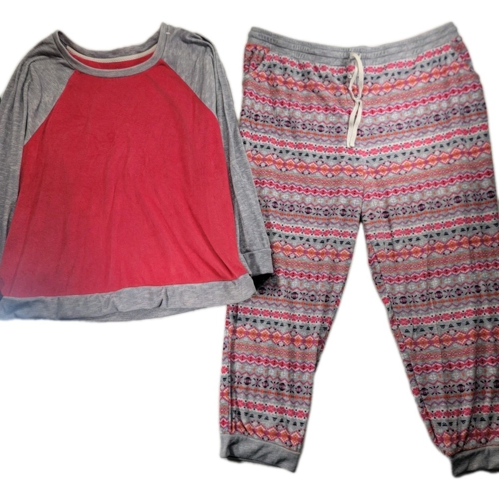 Cuddl Duds‎ Pajama Set Women's XXL Pink Gray Velour Raglan Top Fair Isle Pants